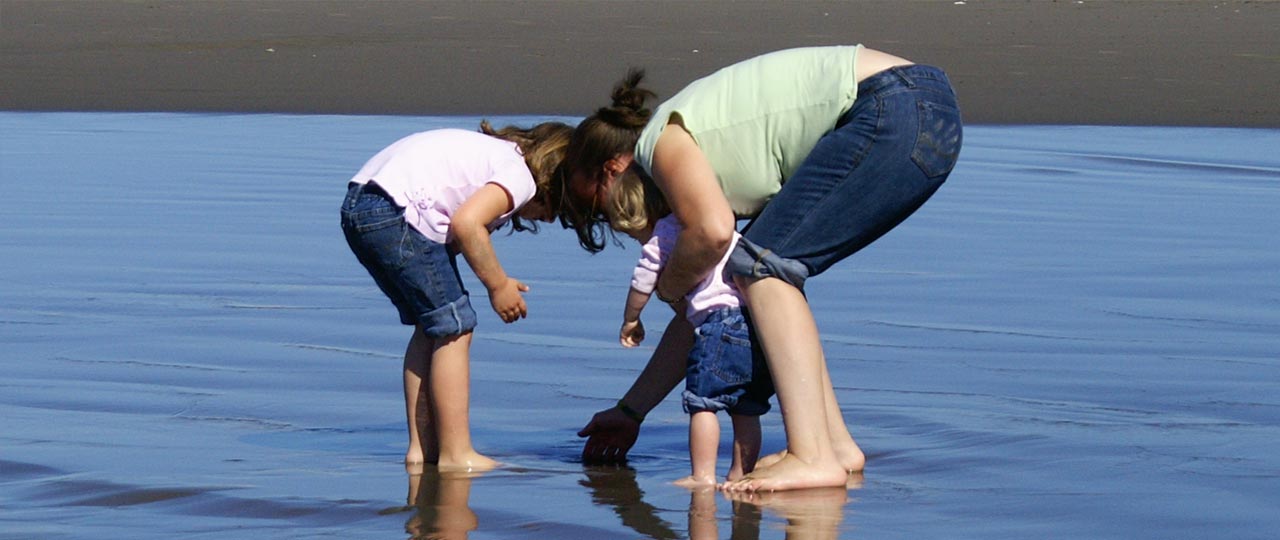 Eine Frau spielt mit ihren zwei Kindern am Meer. Sie haben gerade etwas im Watt entdeckt.