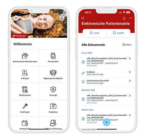Meine GESUNDHEIT Screenshot der ePA App "Meine Gesundheit" Homepage und der Funktion medizinische Akte.