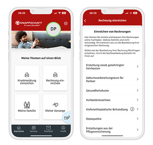 Meine KNAPPSCHAFT Screenshot der App "Meine KNAPPSCHAFT" Homepage und der Funktion Rechnung.