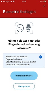 Screenshot der App mit einem Hinwis zur Biometrie Screenshot der App mit einem Hinwis zur Biometrie