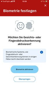 Screenshot der App mit einem Hinwis zur Biometrie Screenshot der App mit einem Hinwis zur Biometrie