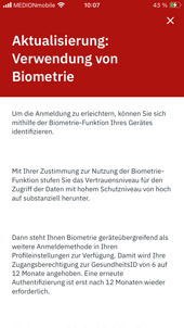Screenshot der App mit einem Hinwis zur Biometrie Screenshot der App mit einem Hinwis zur Biometrie