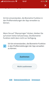 Screenshot der App mit einem Hinwis zur Biometrie Screenshot der App mit einem Hinwis zur Biometrie