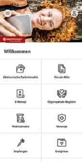 Startseite der App Meine GESUNDHEIT mit der Navigation zu der elektronischen Patientenakte, der Akte als Vertretung, dem Gesundheitswissen und der Verknüpfung zu der App Meine KNAPPSCHAFT. Startseite der App Meine GESUNDHEIT mit der Navigation zu der elektronischen Patientenakte, der Akte als Vertretung, dem Gesundheitswissen und der Verknüpfung zu der App Meine KNAPPSCHAFT.