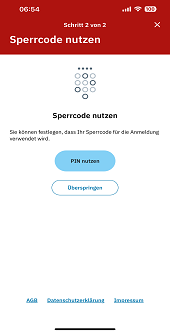 Es kann festgelegt werden, dass der persönlich Sperrcode für Anmeldungen verwendet wird. Es gibt die Auswahlmöglichkeit den PIN zu nutzen oder die Auswahl zu überspringen. Es kann festgelegt werden, dass der persönlich Sperrcode für Anmeldungen verwendet wird. Es gibt die Auswahlmöglichkeit den PIN zu nutzen oder die Auswahl zu überspringen.