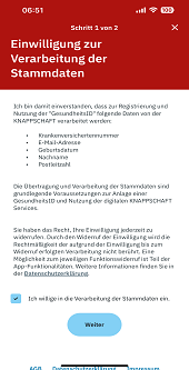 Die Einwilligung zu der Übertragung und der Verarbeitung der Stammdaten muss gegeben werden. Zu den Stammdaten zählen die Krankenversichertennummer, die E-Mail-Adresse, das Geburtsdatum, der Nachname und die Postleitzahl. Die Einwilligung zu der Übertragung und der Verarbeitung der Stammdaten muss gegeben werden. Zu den Stammdaten zählen die Krankenversichertennummer, die E-Mail-Adresse, das Geburtsdatum, der Nachname und die Postleitzahl.