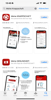 Screenshot des Apple App Store wobei die Apps Meine KNAPPSCHAFT und Meine Gesundheit gesucht wurden. Screenshot des Apple App Store wobei die Apps Meine KNAPPSCHAFT und Meine Gesundheit gesucht wurden.